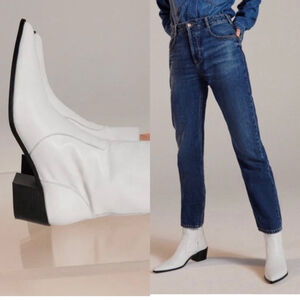 Zara White Leather Cowboy Style Ankle Boots